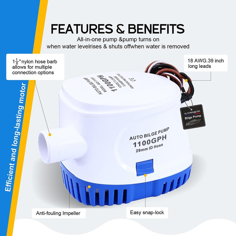 1100GPH Automatic Bilge Pump for Boats 12V Submersible Water Pump with Float Switch 1-1/8" Outlet