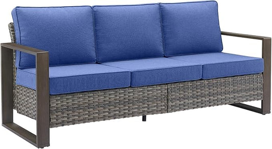 Rilyson Outdoor Couch Wicker Patio Sofa, Rattan Patio Furniture Sofa with Sturdy Frame,All-Weather PE Wicker,Wide Armrest,Deep Seating and Thick Cushions for Deck Porch Garden(Mixed Grey/Blue)