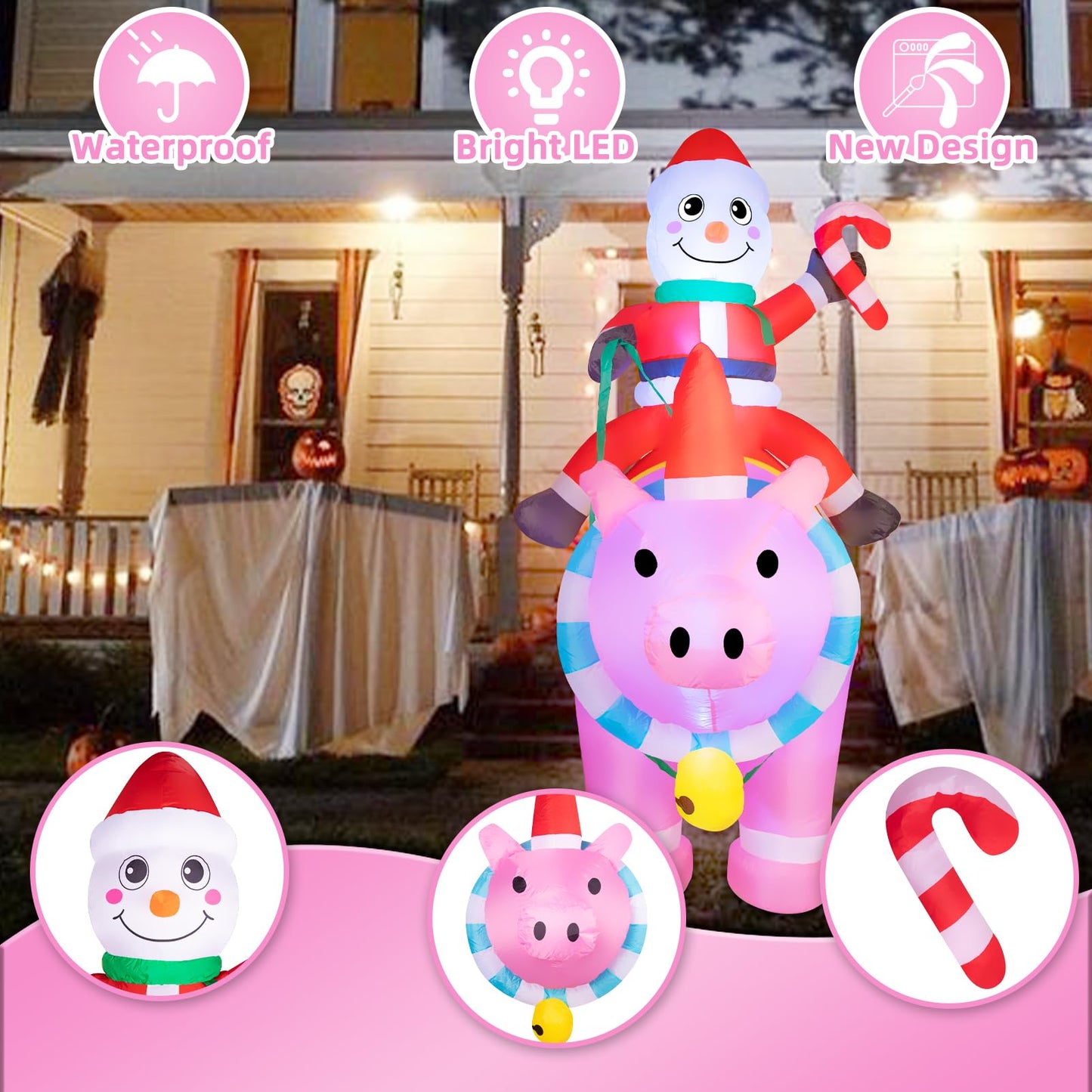 7FT Halloween Inflatables Cute Inflatable Halloween Inflatable Santa with Pink Pig Halloween Decorations Outdoor Halloween Blow Up for Yard, Outside, Built-in LED Lights with Tether