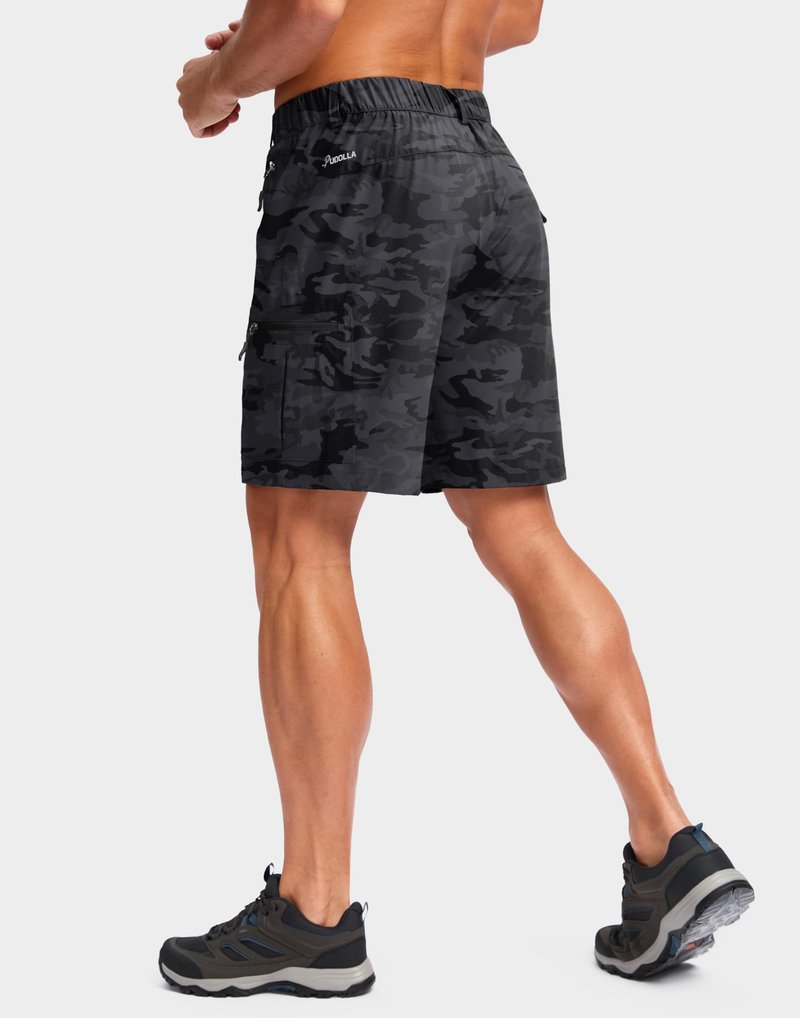 Pudolla Men's Hiking Cargo Shorts Lightweight 7" Travel Casual Shorts for Men Golf Work Outdoor with 5 Zipper Pockets(Black Camo Small)