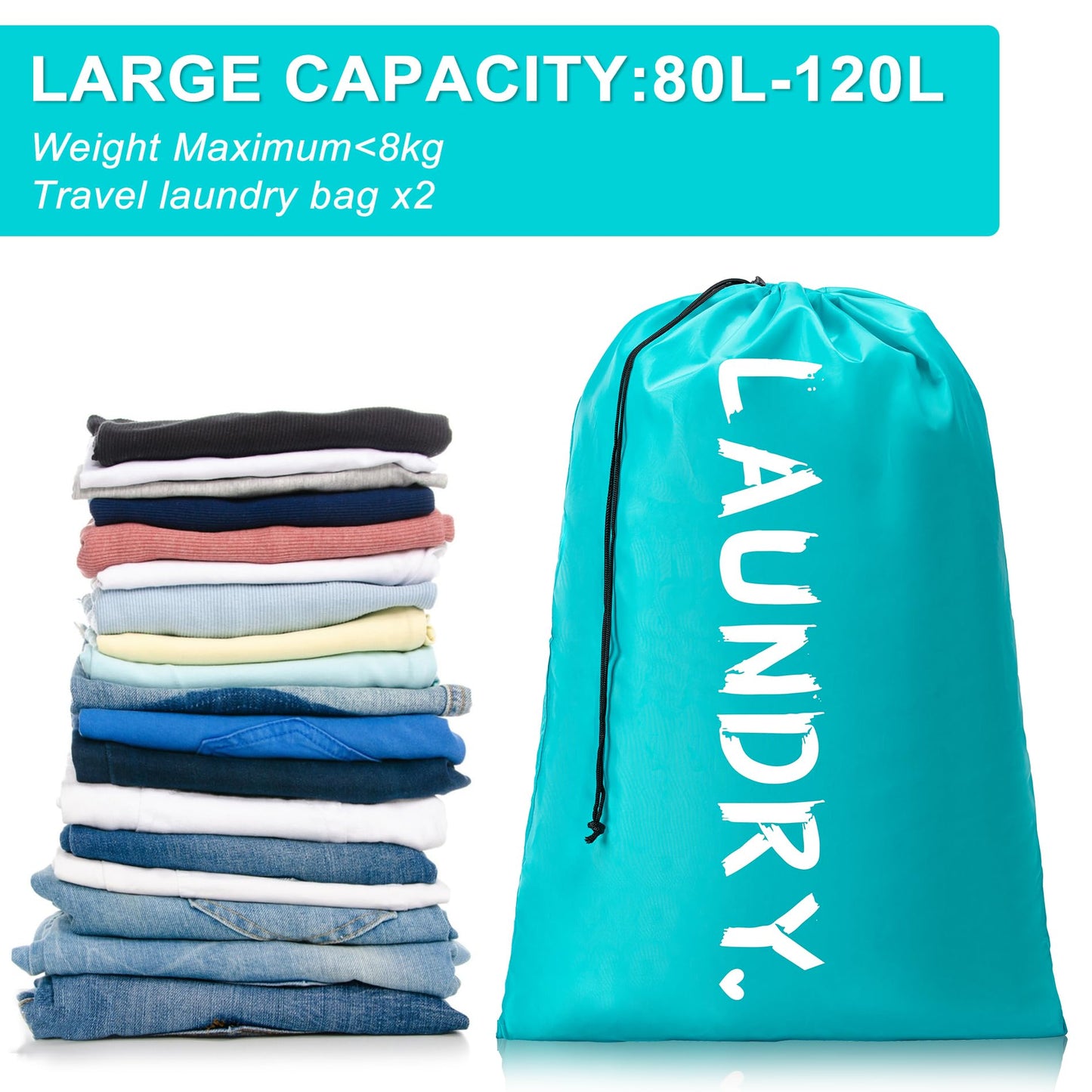 2 Pack XL Travel Laundry Bag, Machine Washable Dirty Clothes Organizer with Drawstring,Large Enough to Hold 4 Loads of Laundry, Easy Fit a Laundry Hamper or Basket Travel Essentials 24" x 36"
