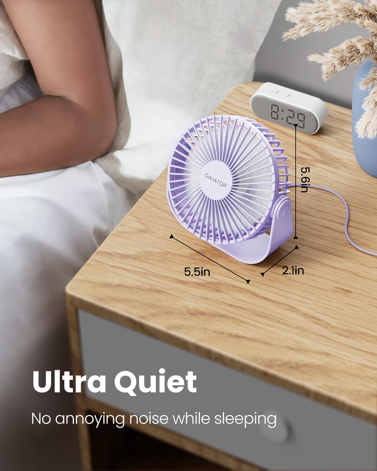 Gaiatop USB Desk Fan, 3 Speeds Strong Airflow, 5.5 Inch Portable 90° Rotate Quiet Cooling, Small Personal Table Fans for Bedroom Home Office Travel Purple
