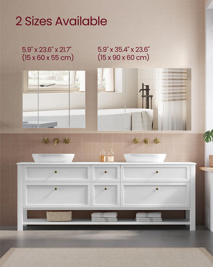 VASAGLE BBK22WT Bathroom Wall Cabinet with Mirror, 3 Door Storage Unit, 60 x 15 x 55 cm, with Adjustable Shelf, Modern, White BBK22WT