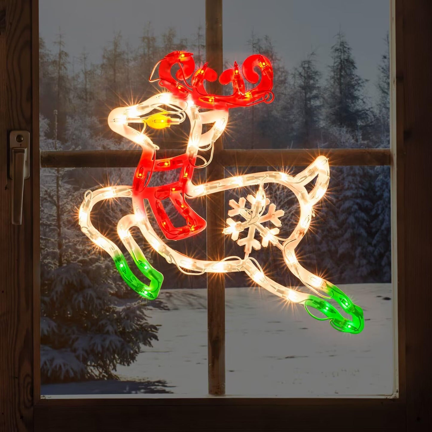 JUSTPRO Christmas Window Silhouette Lights, Lighted Deer Double Sided Decorations with 50 Count Incandescent Mini Light for Holiday Indoor Wall Door Glass Decor