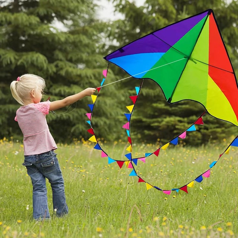 Flying Hoofer Large Rainbow Delta Kites for Kids & Adults,Single Line Beach Kite for Kids Ages 4-8 & 8-12,Easy Fly Kite for Toddlers and Beginners(2 Pack).