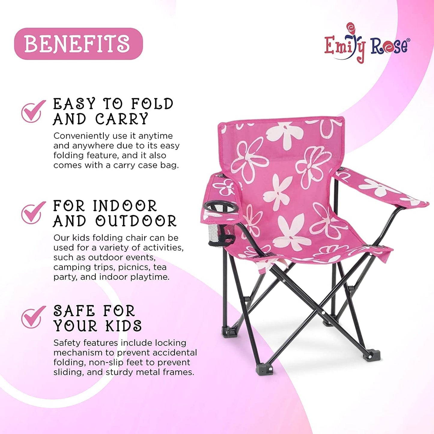 Emily Rose Kids Pink Flowers Folding Beach Camping Camp Chair with Safety Lock, Carry Case & Cup Holder - for Girls Toddlers - Tailgate, Travel, Lawn, Sports - Indoor & Outdoor | USA Company