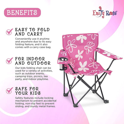 Emily Rose Kids Pink Flowers Folding Beach Camping Camp Chair with Safety Lock, Carry Case & Cup Holder - for Girls Toddlers - Tailgate, Travel, Lawn, Sports - Indoor & Outdoor | USA Company