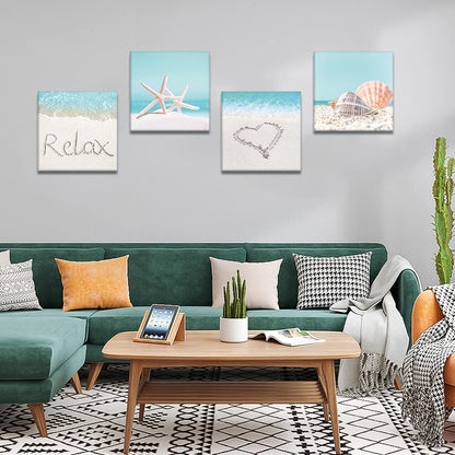 Artscope 4 Pieces Wall Art Canvas Prints - Seashell Starfish and Beach Picture Painting - Modern Wall Artwork Framed for Gifts Bathroom Home Kitchen Office Decor - 30 x 30 CM