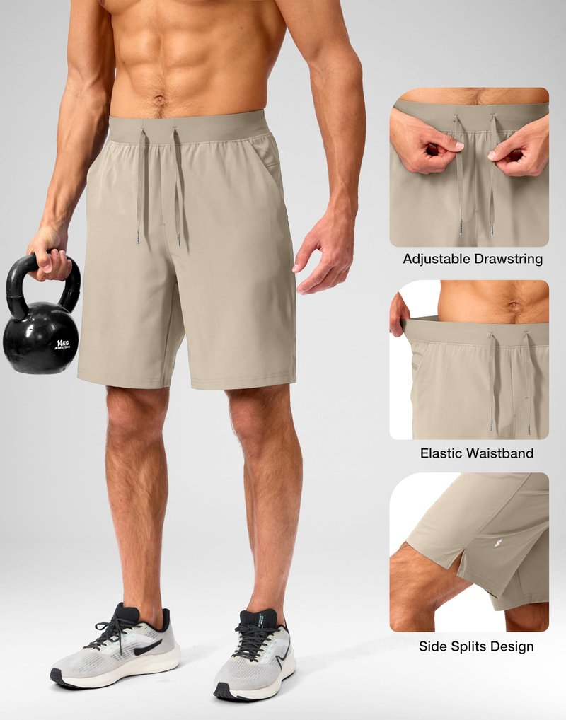 Soothfeel Men's Running Shorts with Zipper Pockets 9 Inch Lightweight Quick Dry Gym Sports Athletic Workout Basketball Shorts for Men (Khaki, XXXL)