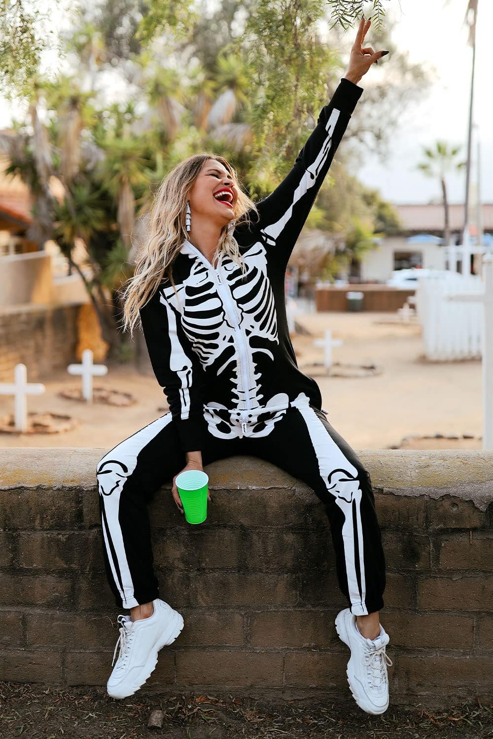Tipsy Elves Halloween Skeleton Costume for Women - Comfy Easy Adult Onesie Jumpsuit - Front and Back Print with Zip Up Mask - Women's White Skeleton Jumpsuit Halloween Costume Size Medium