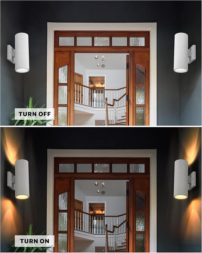 Ken & Ricky White Outdoor Wall Sconce, Outside Up and Down Wall Lights, Modern Exterior Light Fixtures with Tempered Glass Cover for House Porch Garage Patio Front Door -1 Pack