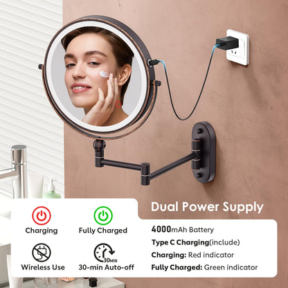 9" Wall Mounted Lighted Makeup Mirror,4000mAh Rechargeable Double Sided 1X/10X Magnifying Mirror with Light,3 Color Lights,Touch Dimmable,Extended Arm 360 Rotation Wall Mounted Makeup Mirror