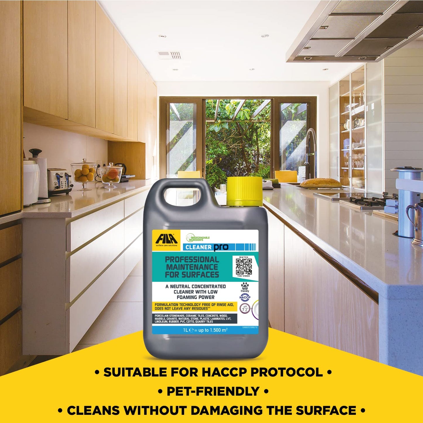 FILA Surface Care Solutions, CLEANER PRO, Concentrated Neutral Detergent - Up to 40 Washes - Hard Floor Cleaner Liquid for Floor Tiles in Marble, Porcelain, Stone etc, Laminate Floor Cleaner, 1L