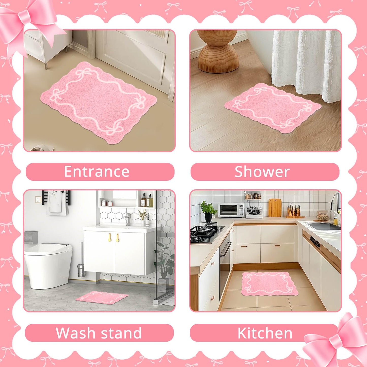 Mocsicka Pink Bow Bath Mat Cute Bow Bathroom Rug Super Soft Absorbent Bathroom Rugs Non Slip Bath Mat Machine Washable Rug for Bathrooms 16x24 inches (Pink, 40x60cm)