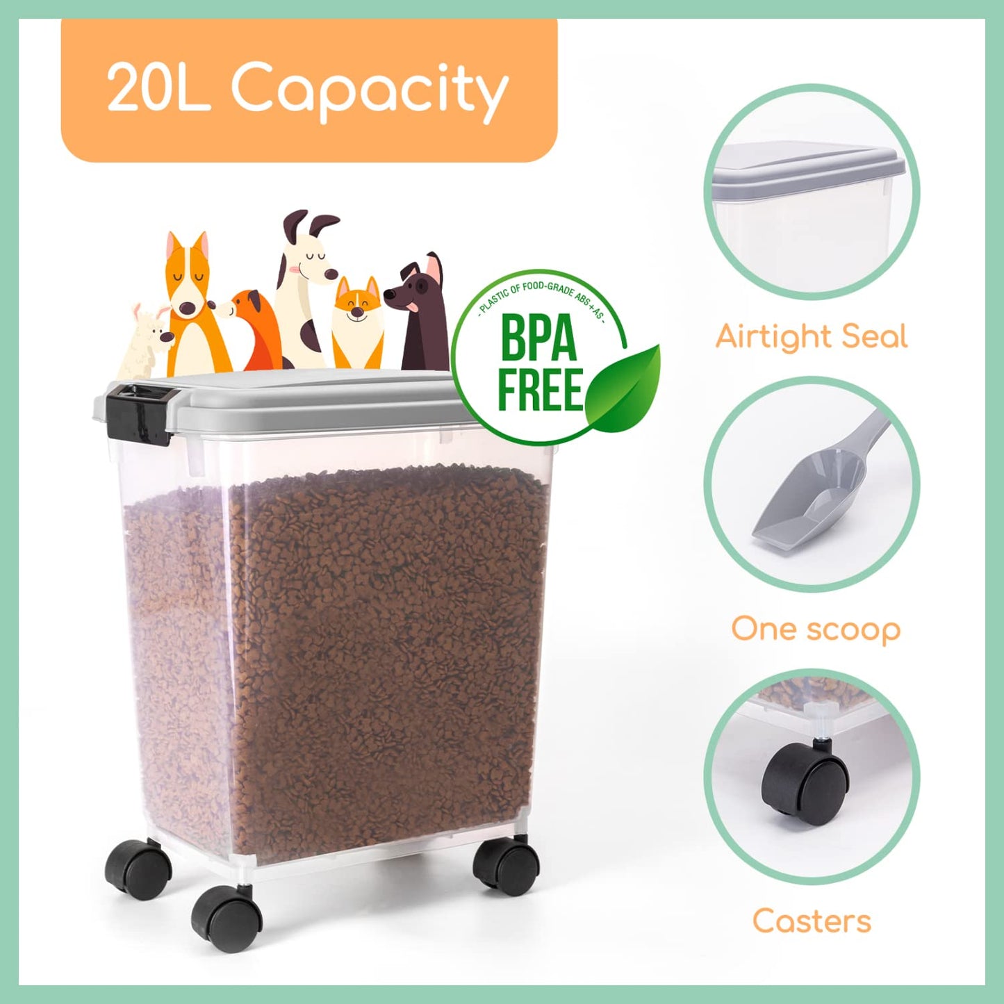 Nobleza Dog Food Storage, 20L/7.5KG Airtight Pet Food Storage Container with Wheels and Measuring Scoop, Safe & Eco, Flip-Up Lid Dog Cat Animal Dry Food Seed Dispenser Plastic Bin Large Transparent