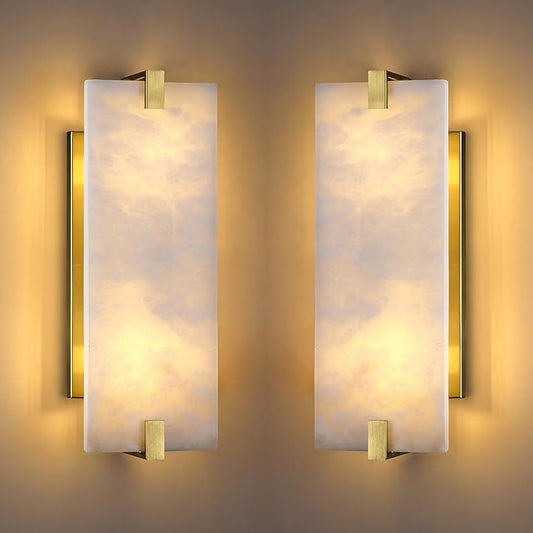 2 Pack 2 Light Square 14.7" Alabaster Marble Bathroom Wall Sconce Modern Concise Style Wall Light Fixture,Gold Finish for Bedroom Hallway Bedside