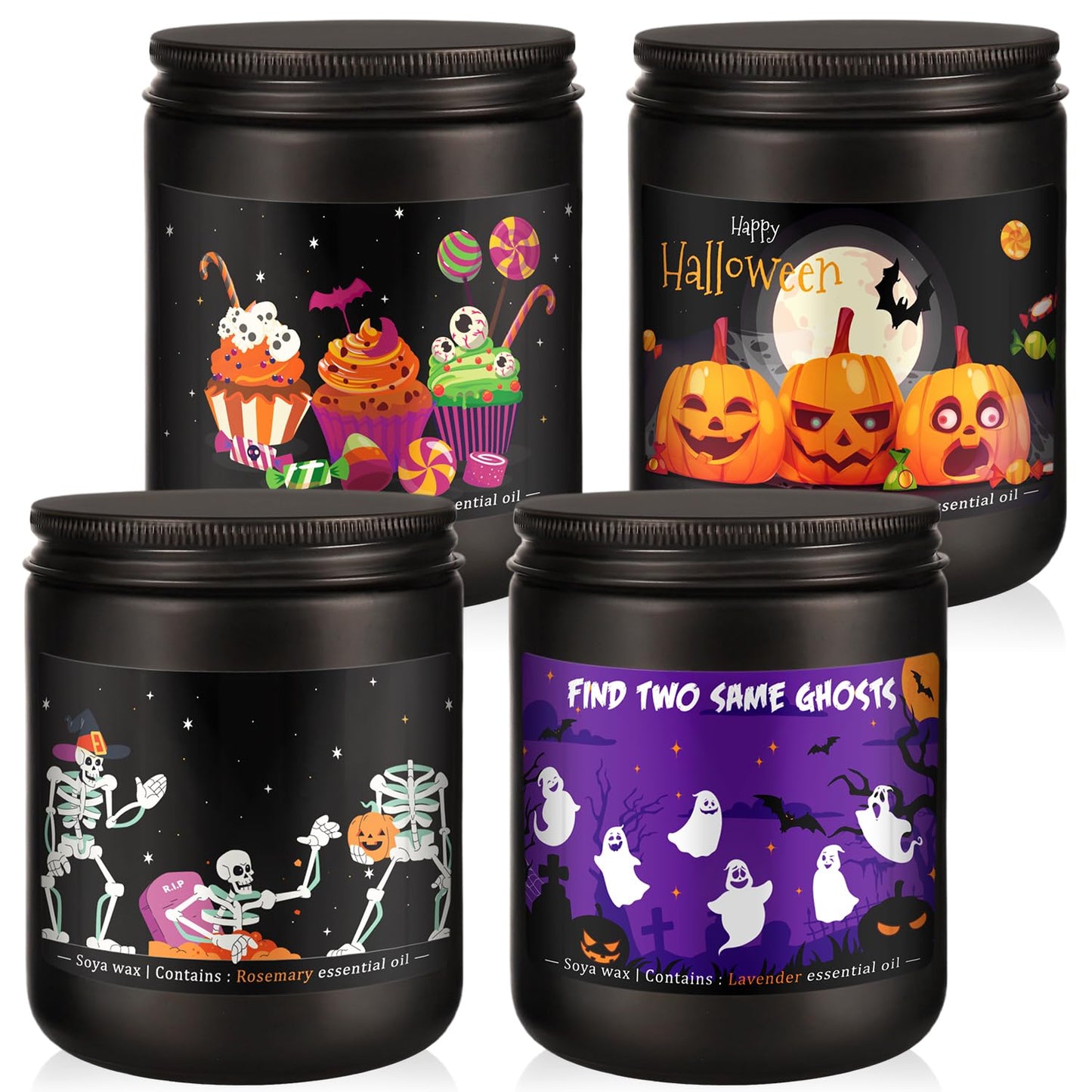 Wfmolcand Halloween Candle Set, 4 Pack Scented Candles Gift with Pumpkin|Skull|Ghost|Witch|, Long Lasting Burn Candles (7 oz Each), for Halloween Decorations Indoor, Candle Gift Set for Holiday.