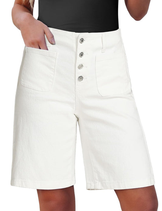 luvamia Button Fly Long Jean Shorts Womens High Waisted Bermuda Shorts for Women Cream White Womens Shorts Denim Jean Bermuda Shorts for Women White Shorts for Woman Size Large Fits Size 12 Size 14