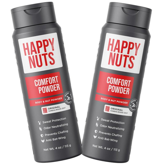 HAPPY NUTS Comfort Powder Deodorant For Men: Anti-Chafing Sweat Defense, Odor Control, Aluminum-Free, Perfect Stocking Stuffer Gift for Men's Private Parts 4 oz (2 Pack), Original Scent