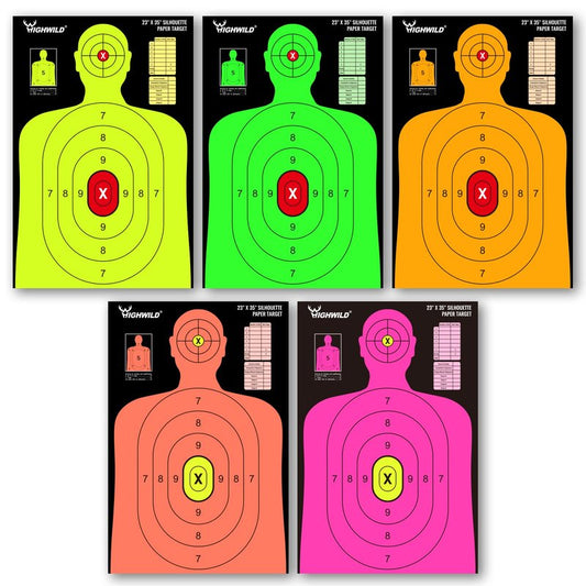 Highwild 23X35 Inch Shooting Range Silhouette Paper Target - 5 Fluorescent Colors - Suitable for Handguns, Rifles, Airguns, BB Guns (5 Pack - Multi Color)