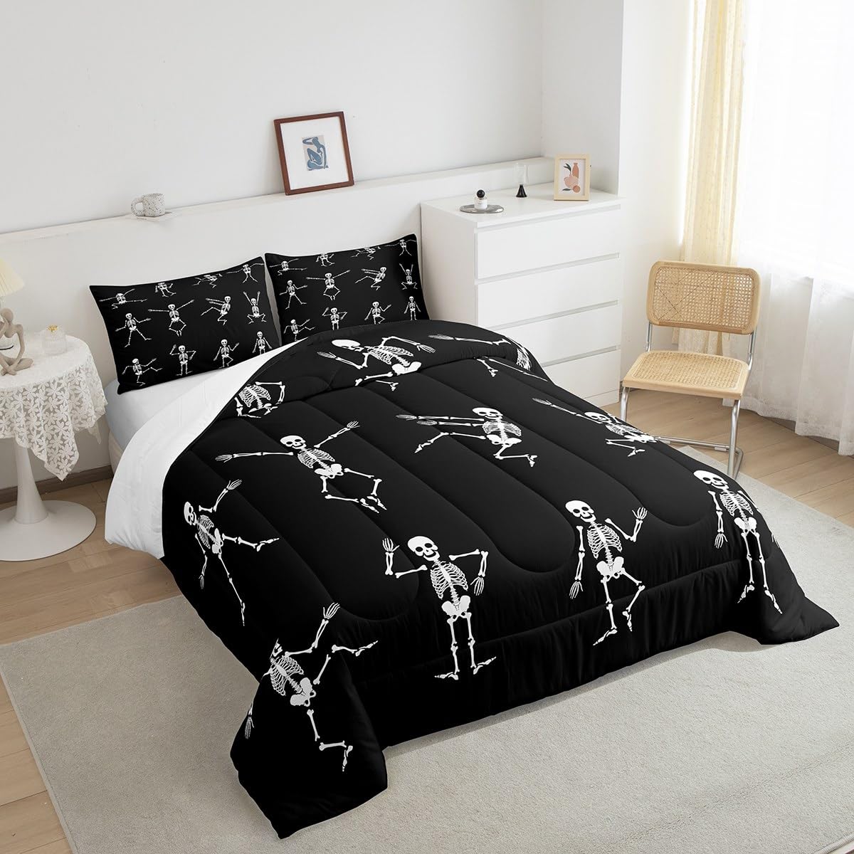 Erosebridal Sugar Skull Comforter Set Full Size Skeleton Bones Bedding Set for Kids Boys Girls Teens Adult Halloween Horror Theme Down Comforter Gothic Spooky Duvet Sets with 2 Pillow Cases