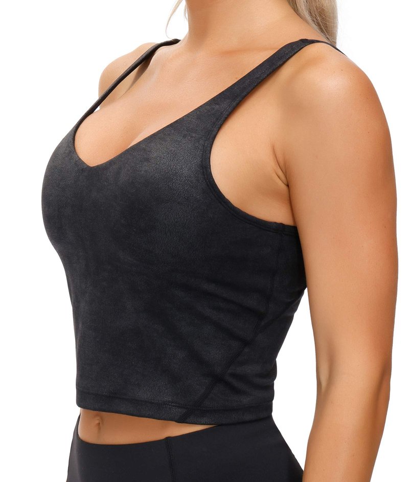 THE GYM PEOPLE Women’s Longline Sports Bra Wirefree Padded Medium Support Yoga Bras Gym Running Workout Tank Tops (Faux Leather Coated, Small)