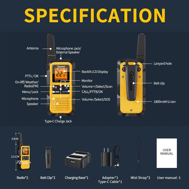 G2pro+ Waterproof Walkie Talkies - Long Range Heavy Duty Two-Way Radios | Rechargeable, FM Radio, SOS, NOAA Weather (2 Pack - Yellow)