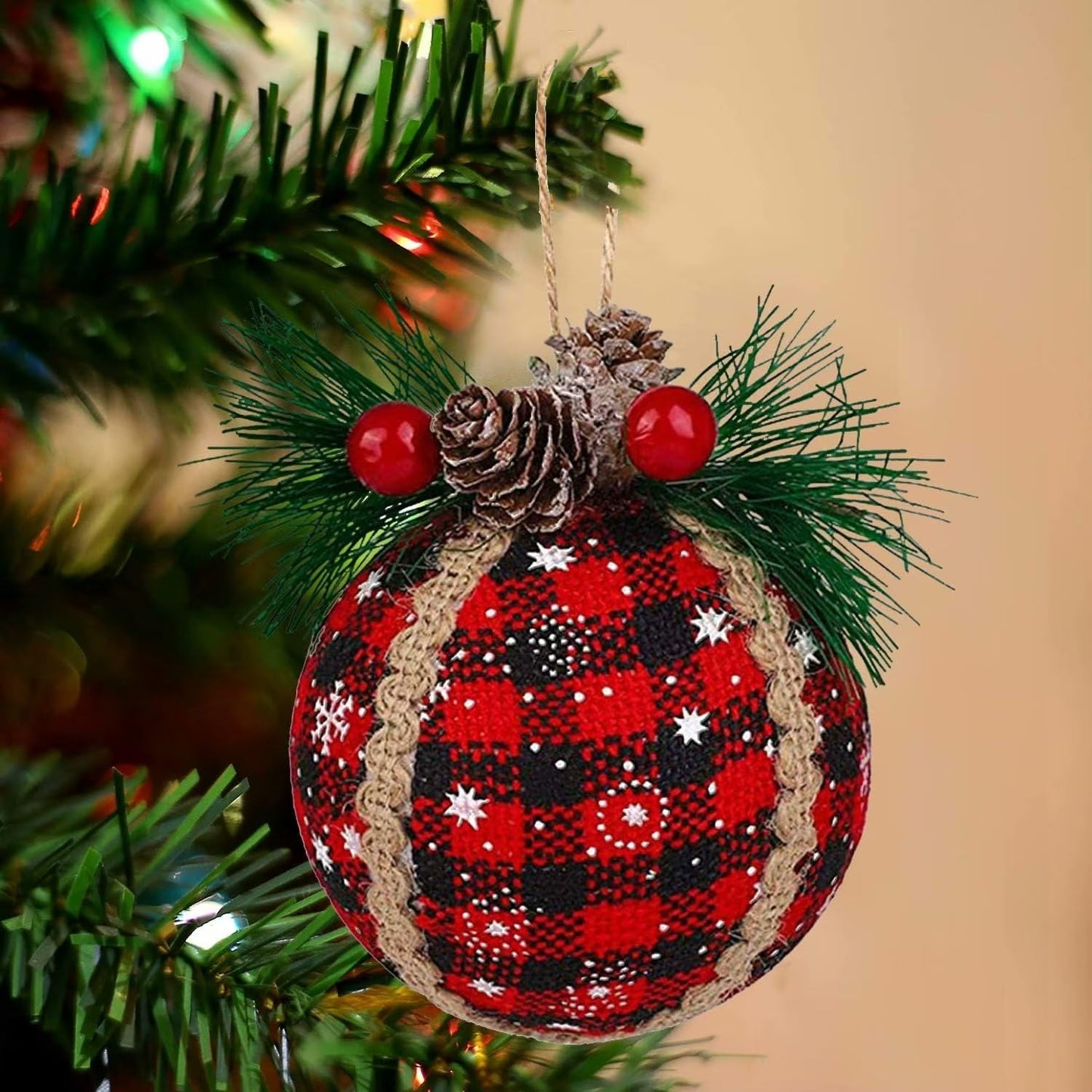 Iceyyyy 9PCS Christmas Plaid Ball Ornaments - 2 Inch Black & Red Buffalo Plaid Fabric Ball Ornaments with Pine Cones and Greenery, Plaid Christmas Tree Hanging Balls Ornament Festive Decoration