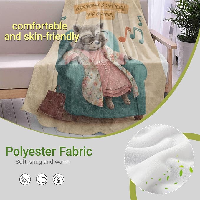 Cute Raccoon Lightweight Throw Blanket, Retro Cartoon Nap Animal with Music Note, Warm Soft Cozy Flannel Blankets, Couch Dorm Home Decor All Season Use, 50x40in, Beige, Gifts for Grandma