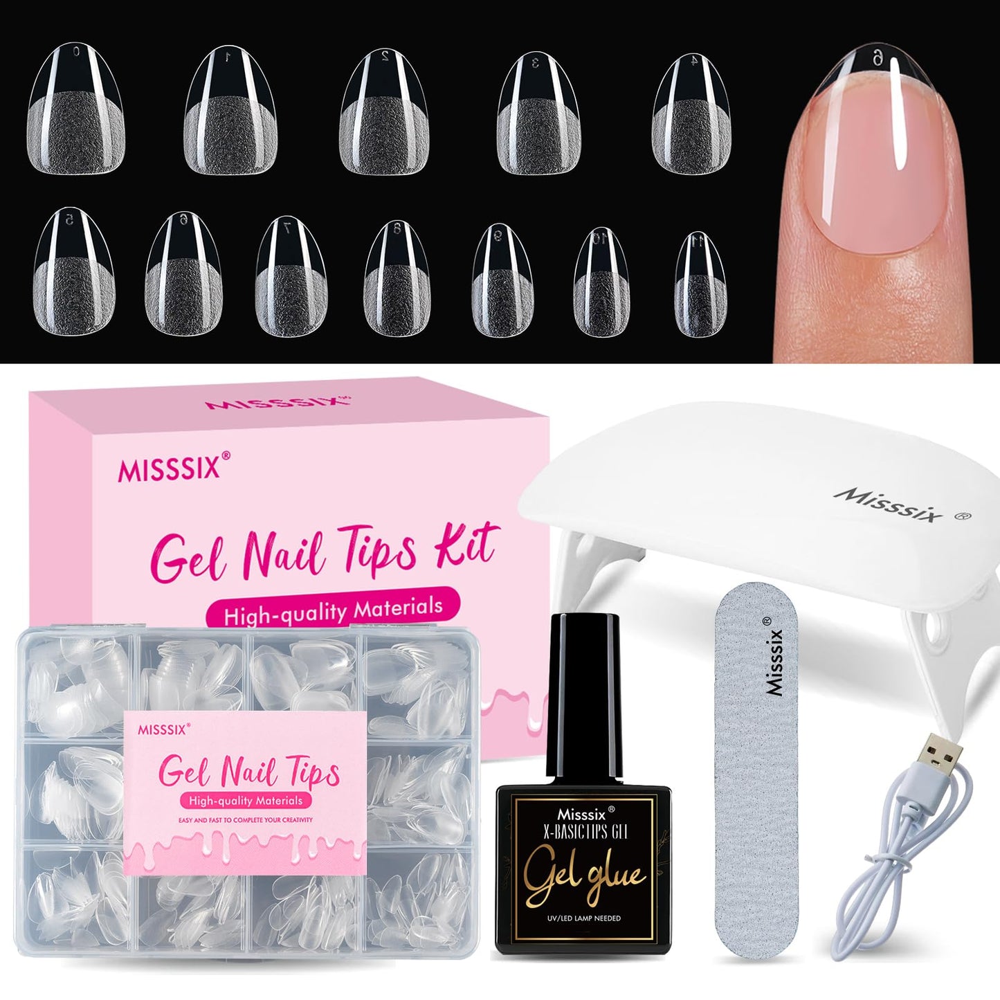Misssix Short Almond Gel Nail Tips Kit, 216Pcs Pre Etched Clear Fake Nails, Full Cover False Nail 9-in-1 Gel Glue and Portable Mini U V Nail Lamp for Women 12 Sizes