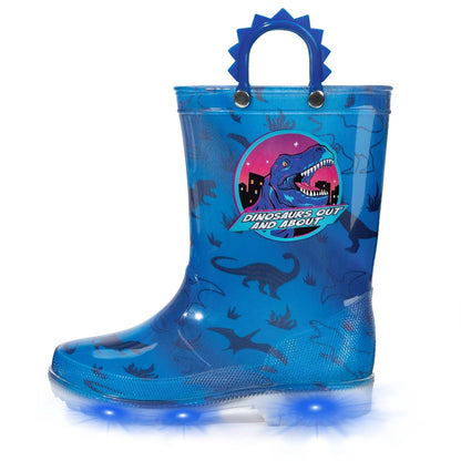 EUXTERPA Light Up Wellies for Boys Girls, Boy Dinosaur Kids Welly Boots Children Wellingtons Waterproof Boots with Handle Size 9 UK Child