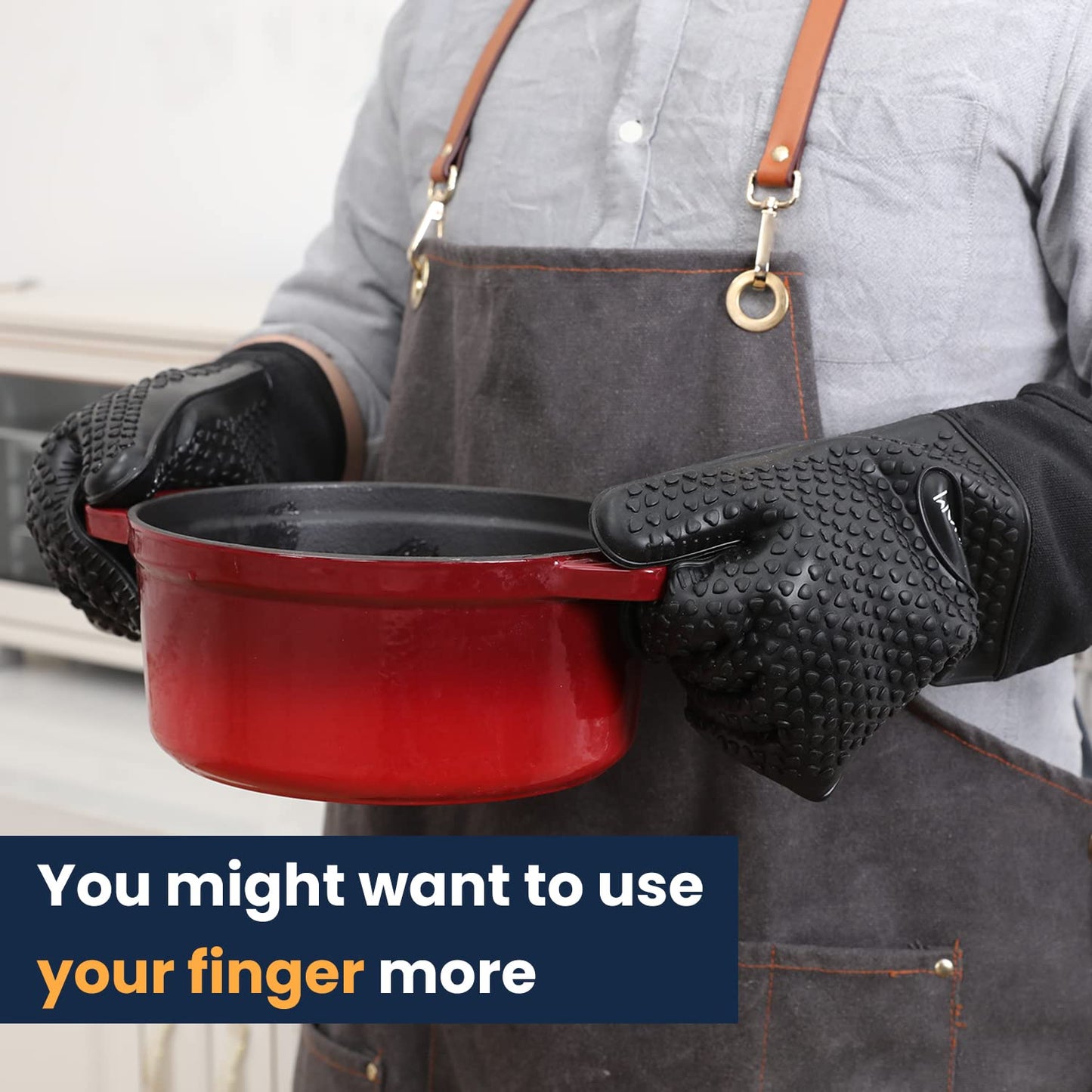 GEEKHOM BBQ Gloves X-Large, Heat Resistant Kitchen Silicone Oven Mitts, Waterproof Oven Gloves, BBQ Grill Accessories for Baking, Fryer, Smoker, Weber, Pizza, Microwave, Non-Slip, Black