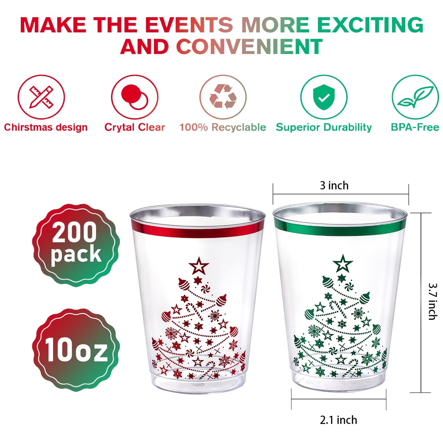 supernal 100pcs Christmas Plastic Cups,10oz Disposable Party Cups,Red and Green Plastic Tumblers with Christmas Tree Design,Party Cup Disposable for Xmas Party, Christmas Eve