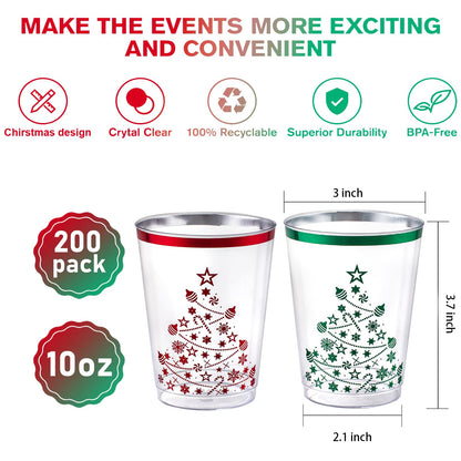 supernal 100pcs Christmas Plastic Cups,10oz Disposable Party Cups,Red and Green Plastic Tumblers with Christmas Tree Design,Party Cup Disposable for Xmas Party, Christmas Eve