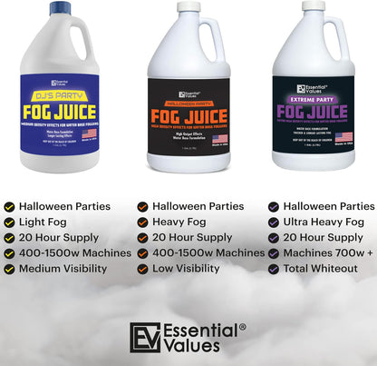 Essential Values Fog Machine Fluid - Extreme High Density (128 FL OZ / 1 Gallon) Manufactured in USA – White-Out Conditions with Lasting HEAVY Fog for Water Based Foggers Designed for 700 Watts+