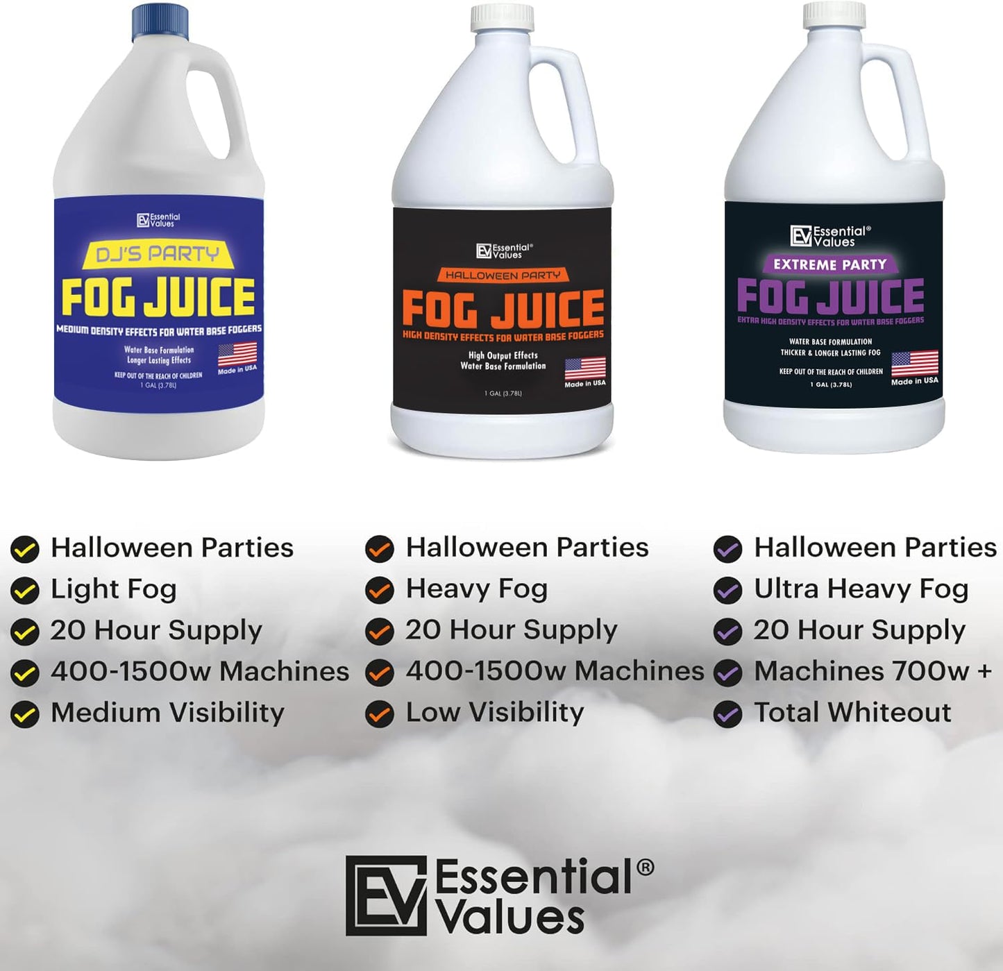 Essential Values Fog Machine Fluid 3.78 litres - Fog Juice Long-Lasting Medium Density Fog for Water Based Foggers, Perfect for 400 Watt to 1500 Fog Machines - Outdoor or Indoor