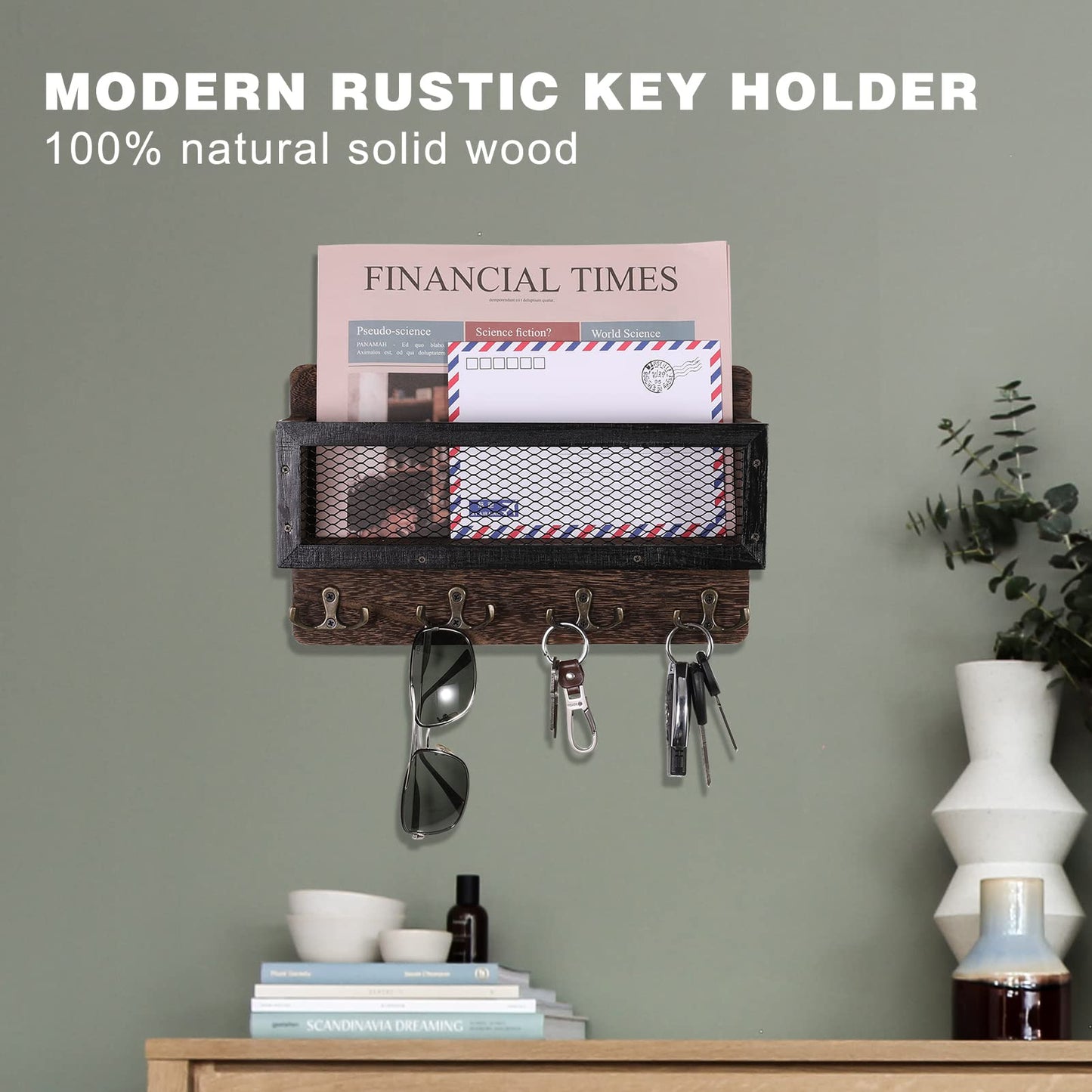 ADIIL Mail and Key Holder for Wall Decorative, Wooden Wall Mount Key Rack Hanger Organizer with 4 Double Key Hooks, Rustic Home Decor for Entryway Hallway, Brown