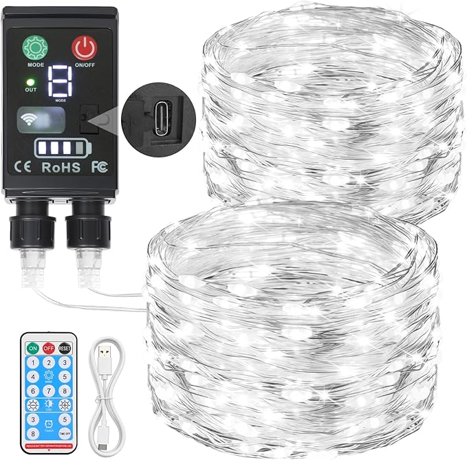 Lakumu 2-in-1 Fairy Lights Battery Operated, 200 LED String Lights with Remote & Timer, 66FT(2×33) Twinkle Lights for Bedroom Waterproof Indoor Outdoor Camping, Christmas Decorations, Cool White