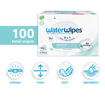 WaterWipes Sensitive+ On The Go Wipes, 100 Count (10 Packs), 3-In-1 Cleans, Cares, Protects, 99.9% Water, Unscented Wet Wipes