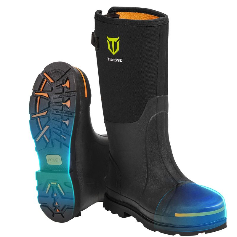 TIDEWE Rubber Work Boot for Men with Steel Toe & Shank, Waterproof Anti Slip Hunting Boot, 6mm Neoprene Hunting Boot for Manufacturing, Construction, Farming, Black, Size 8