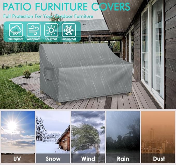 WLEAFJ Patio Sofa Cover Waterproof, 3-Seater Outdoor Sofa Cover, Heavy Duty Deep Lounge Loveseat Cover, Large Lawn Patio Furniture Covers with Air Vent, 78’’ W x 33’’ D x 32’’ H, Grey