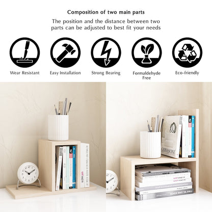 Jerry & Maggie Desktop Organizer Office Storage Rack Adjustable Wood Display Shelf, White, 5 Units, 16"L x 15.8"H x 6.8"W