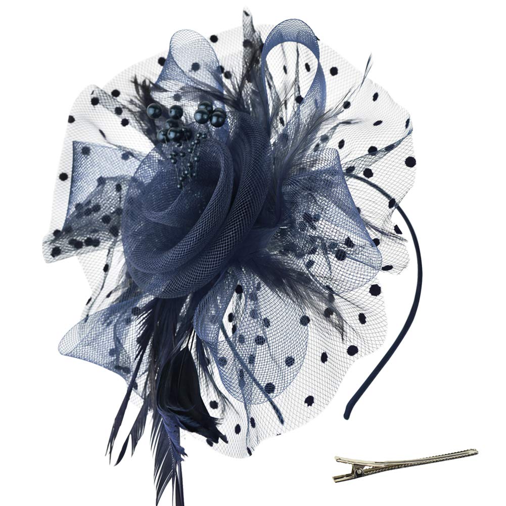 DRESHOW Fascinators Hat Flower Mesh Ribbons Feathers on a Headband and a Forked Clip Cocktail Tea Party Headwear for Girls and Women