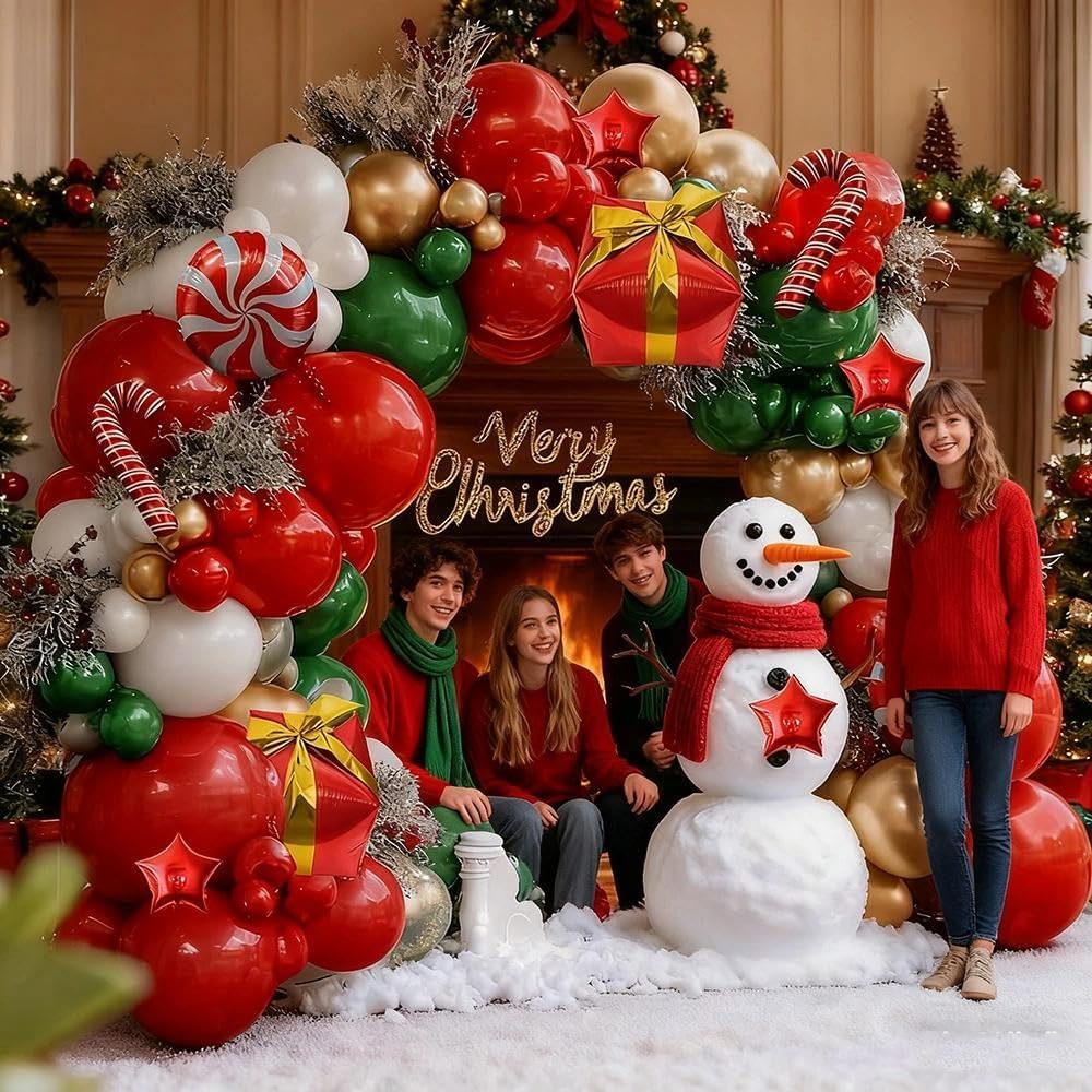 Christmas Balloons Garland Arch Kit, Double Stuffed Dark Green Red Gold Pearl White Balloons for Christmas New Year Xmas Holiday Birthday Party Decorations
