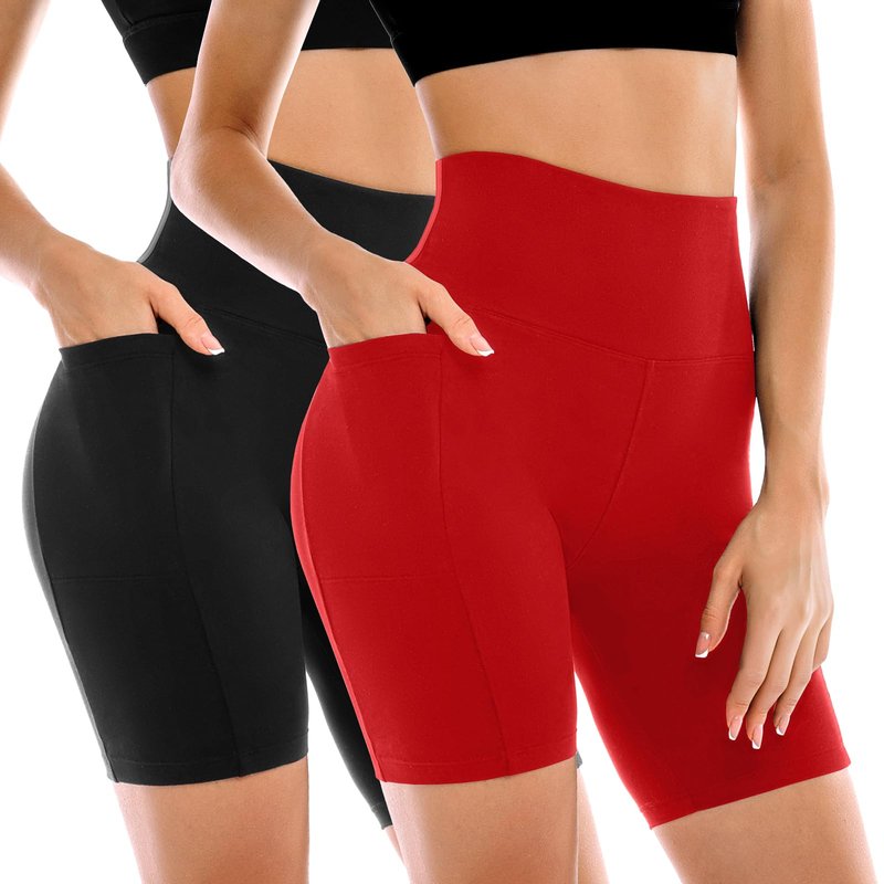 Leafigure 2 Pack Womens Biker Shorts with Pockets, High Waisted Tummy Control Yoga Shorts for Women Running Gym and Workout Black/Red L-XL