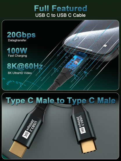 USB C Monitor Cable 10FT-8K@60Hz USB-C Video Cable-100W PD Fast Charging-USB 3.2 Gen 2 20Gbps Type-C Data Transfer, USBC to USBC Video Cable for iPhone 15/16 Plus Pro Max, MacBooks, iPad