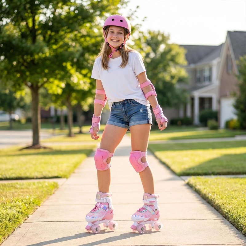 HUANOVIX 4 Sizes Adjustable Kids Roller Skates for Girls Boys Toddlers Youth Teens, 4‑Wheel Quad Skates with All Light Up Wheels, for Indoor Outdoor Sports