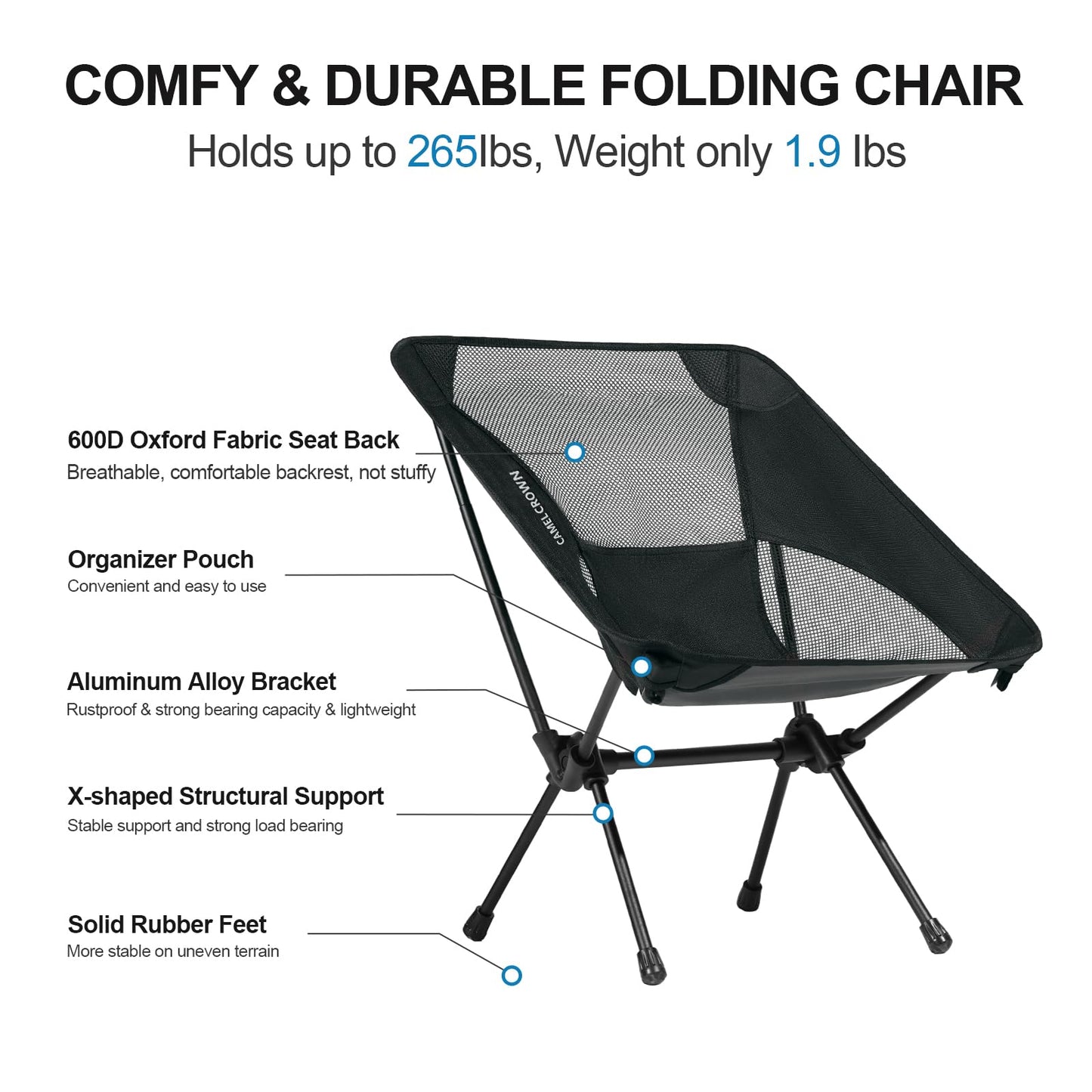 CAMEL CROWN Portable Camping Chair Lightweight Compact Folding Chair Mesh for Outdoor Camp Travel Beach Picnic Festival Hiking Backpacking Black