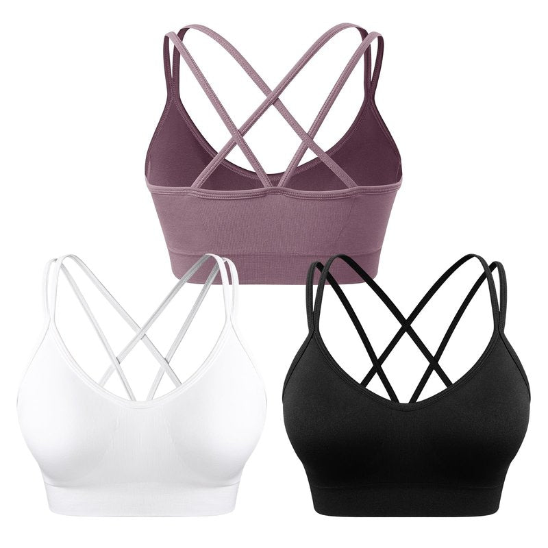 WANAYOU Sports Bras for Women, Cross Back Strappy Medium Support Sports Bra Padded Wireless Seamless Spaghetti Strap Workout Bra for Athletic Exercise Fitness 3 Pack Black White Purple Medium