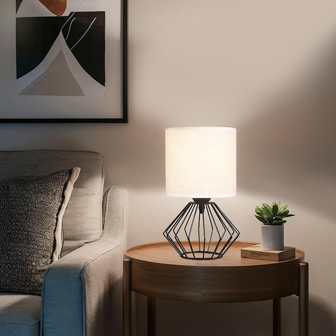 Hamilyeah Bedside Lamps Set of 2, Black Table Lamps with Beige Linen Fabric Shade, Industrial Lamps for Night Stands with On/Off Switch, Modern Simple Desk Lamps for Bedroom, Living Room